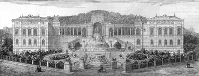منظر هندسي لقصر لونجشامب في مرسيليا ، بوش دو رون (13) ، بناه هنري جاك إسبيرانديو (1829-1874) عام 1862. نقش في "" Le Monde Illustré "" رقم 681 بتاريخ 30 أبريل بواسطة المدرسة الفرنسية
