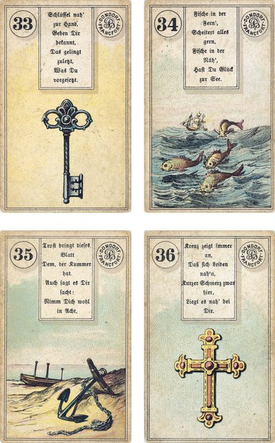 طبعة ألمانية من مجموعة Lenormand الفرنسية لكراتين: The Key ، The Fish ، The Anchor ، The Cross ، نشرها Dondorf ، فرانكفورت ، القرن التاسع عشر بواسطة المدرسة الفرنسية
