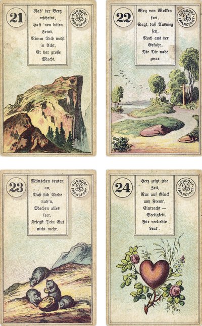 النسخة الألمانية من سطح Lenormand الفرنسي لطبقة Cartomancy: The Mountain ، The Road ، The Mice ، The Heart ، نشرها Dondorf ، فرانكفورت ، القرن التاسع عشر بواسطة المدرسة الفرنسية
