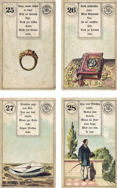 النسخة الألمانية من سطح Lenormand الفرنسي لسيطرة Cartomancy: The Ring ، The Book ، The Letter ، The Gentleman ، نشرها Dondorf ، فرانكفورت ، القرن التاسع عشر بواسطة المدرسة الفرنسية