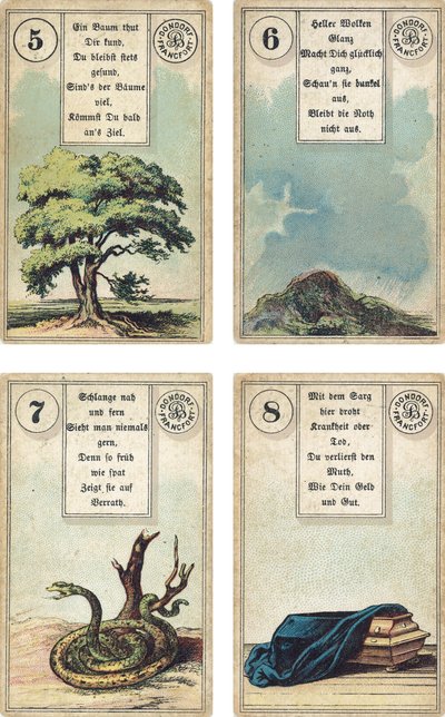 الطبعة الألمانية من سطح Lenormand الفرنسي لكراتين: الشجرة ، الغيوم ، الأفعى ، التابوت ، نشرتها Dondorf ، فرانكفورت ، القرن التاسع عشر بواسطة المدرسة الفرنسية