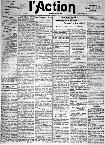 أعلنت ألمانيا الحرب على روسيا - الصفحة الرئيسية لصحيفة "العمل" اليومية بتاريخ 02/08/1914 ، صورة ، مجموعة. سيلفا. بواسطة المدرسة الفرنسية