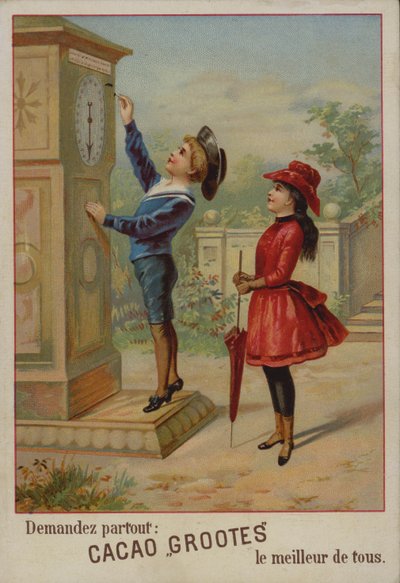 فتاة تراقب صبيًا يعدل الساعة (chromolitho) بواسطة المدرسة الفرنسية