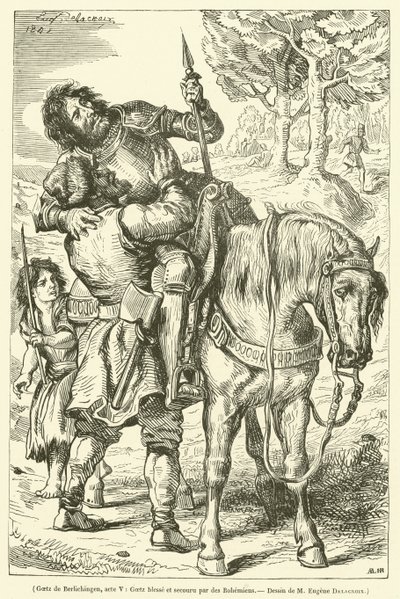 Goetz de Berlichingen, acte V, Goetz blesse et secouru par des Bohemiens (engraving) بواسطة المدرسة الفرنسية