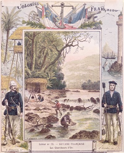 المنقبون عن الذهب في غيانا الفرنسية ، غلاف كتاب التمارين المدرسية ، c.1880 بواسطة المدرسة الفرنسية