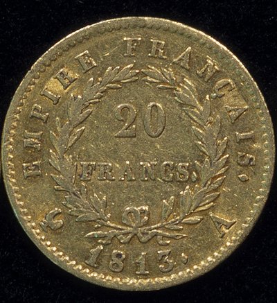 عملة ذهبية من فئة 20 فرنك (نابليون) من عام 1813. ظهر. بواسطة المدرسة الفرنسية