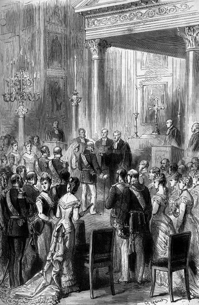 الزفاف الذهبي للإمبراطور الألماني ويليام الأول (1797-1888) والإمبراطورة أوغوستا (1811-1890): احتفال ديني في كنيسة القصر الإمبراطوري في برلين ، يونيو 1879. نقش في "" Le Monde Illustré "" رقم 1162 من شهر يوليو 5 بواسطة المدرسة الفرنسية
