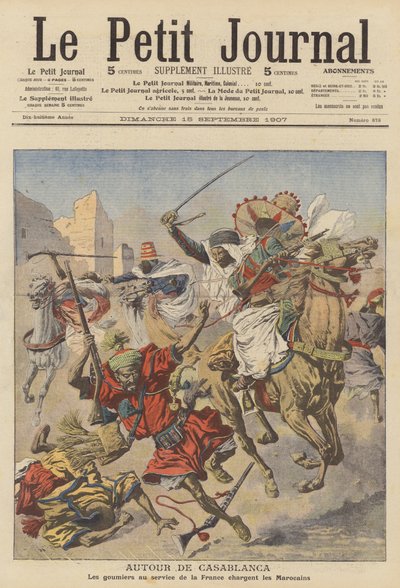 غوميرز يهاجمون المغاربة بالقرب من الدار البيضاء (صورة ليثوغرافية ملونة) بواسطة المدرسة الفرنسية