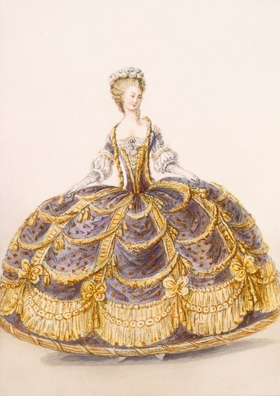 ثوب مناسب للعرض في المحكمة ، لوحة من Galeries des Modes et Costumes Francais ، c.1778-87 99: ملابس ؛ لباس تقليدي لباس تقليدي؛ موضه؛ توضيح؛ بواسطة المدرسة الفرنسية