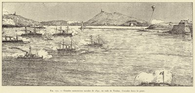 مناورات بحرية كبرى عام 1891 في ميناء طولون ؛ السرب يجبر المرور (نقش) بواسطة المدرسة الفرنسية