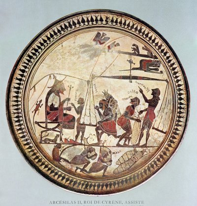 كأس يوناني يصور Arcesilas II ، ملك Cyrene (c.560-550 قبل الميلاد) يشاهد وزن وتحميل السيلفيوم ، نسخة من القرن السادس قبل الميلاد الأصلي بواسطة المدرسة الفرنسية