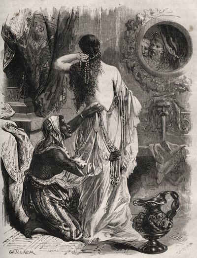 الأساطير اليونانية: يُظهر ملك Lydie Candaule (أو Caudale) زوجته عارية إلى صديقه المقرب Gyges ، ويختبئ في الظل عندما تفتح غرفة النوم. نقش من عام 1871 في "Histoire Des Cocus Celebres" لهنري دي كوك (1819-1892). بواسطة المدرسة الفرنسية