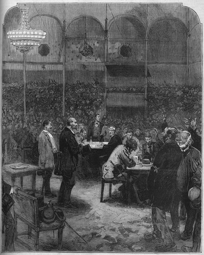 Greve des cochers de charres de Paris في عام 1878: انتخاب مندوبين لشركة Petites Cars (Petite-Cars) في سيرك فرناندو. نقش في "" Le Monde Illustré "" رقم 1116 بتاريخ 17 أغسطس 1878. بواسطة المدرسة الفرنسية
