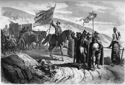 مجموعة من "بيفيراري" (المتسولين والموسيقيين الذين يمشون على الأقدام من إيطاليا) يغادرون مقاطعة أبروتسو إلى نابولي بمناسبة أسبوع الآلام. نقش في "" Le Monde Illustré "" رقم 364 بتاريخ 2 أبريل بواسطة المدرسة الفرنسية