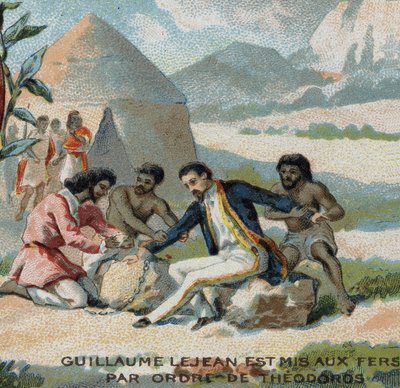 وُضِع غيوم ليجان ، المستكشف الفرنسي ، في الأغلال بأمر من الإمبراطور ثيودوروس من الحبشة (إثيوبيا الحالية). الطباعة الحجرية الملونة في القرن التاسع عشر. بواسطة المدرسة الفرنسية