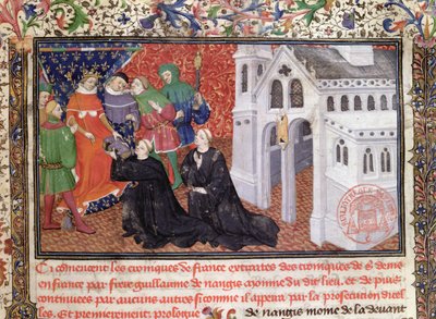 غيوم دي نانجيس (ت 130003) يقدم كتابه إلى فيليب الرابع (1268-1314) لو بيل ، ملك فرنسا من 1285-1314 بواسطة المدرسة الفرنسية