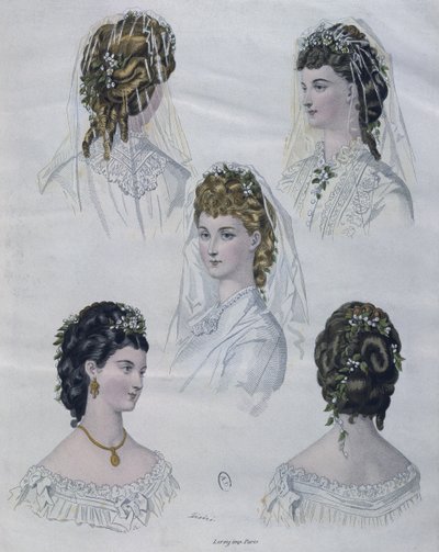 تسريحات الشعر ، التوضيح من La Mode illustree ، 1872 (نقش الألوان) بواسطة المدرسة الفرنسية