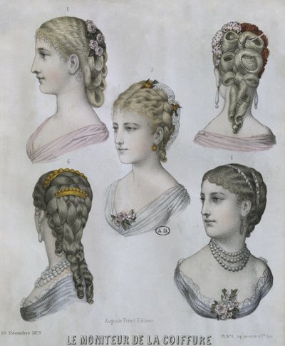 تسريحات الشعر ، رسم توضيحي من Le Moniteur de la Coiffure ، 10 ديسمبر 1879 (نقش ملون) بواسطة المدرسة الفرنسية