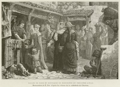Halles De Paris والمحلات التجارية في القرن الثالث عشر (نقش) بواسطة المدرسة الفرنسية