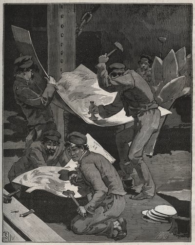دق وتجميع قطع تمثال الحرية الذي صنعه فريدريك أوغست بارتولدي (1834-1905). نقش من عام 1880 في "" Les Arts et metiers Illustres "" لأدولف بيتارد. بواسطة المدرسة الفرنسية