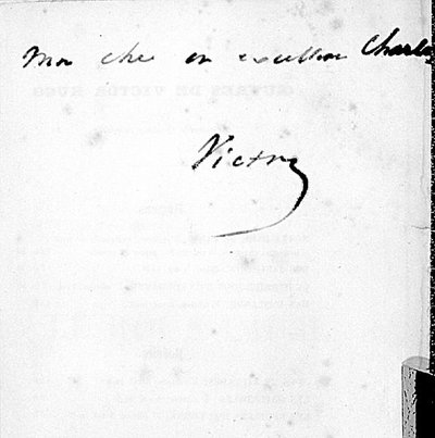 توقيع بخط اليد لفيكتور هوغو (1802-1885) على صفحة من كتابه "Le Roi s'amuse" ، الذي نشره يوجين رندويل في عام 1832 (بالقلم والحبر على الورق) (صورة بالأبيض والأسود) بواسطة المدرسة الفرنسية
