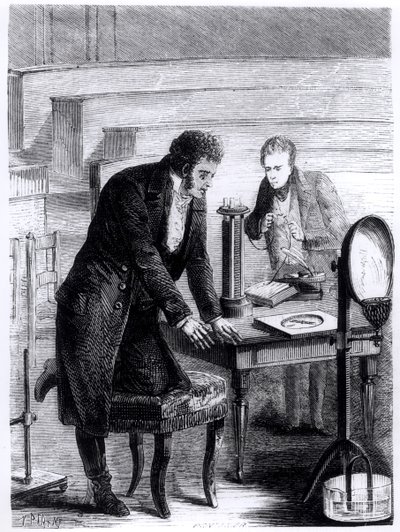 اكتشف هانز كريستيان أورستد (1777-1851) انحراف الإبرة المغناطيسية عن طريق التيار المغلق في عام 1820 ، من Les Merveilles de la Science بقلم لويس فيغير (1819-1894) ، 1867 بواسطة المدرسة الفرنسية