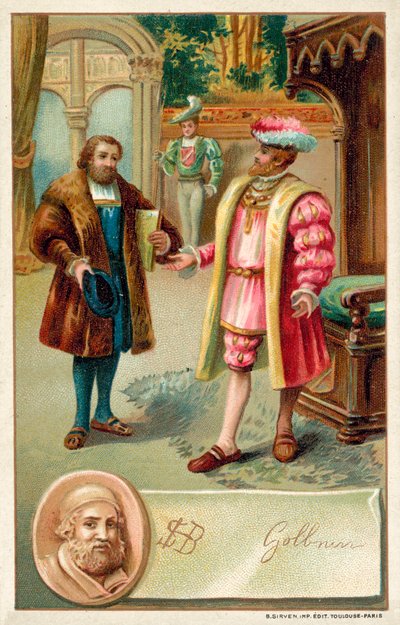 Hans Holbein with King Henry VIII (chromolitho) بواسطة المدرسة الفرنسية