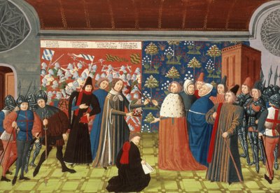 Harl.4380 f.184v Richard II يعطي التاج لإيرل ديربي ، من Froissart's Chronicle، Vol IV (vellum) بواسطة المدرسة الفرنسية