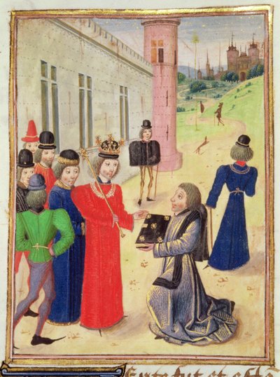 يقدم Harl 4380 f.233v Froissart كتابه لريتشارد الثاني ، من Froissart