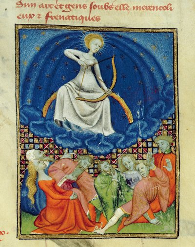 Harl 4431 f.101 ديانا وأتباعها ، المجانين (عبدة القمر) ، نسخة باريسية ، 1410-15 بواسطة المدرسة الفرنسية