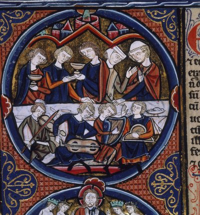 Harley 1527 fol.36v مأدبة مع موسيقيين ، من 