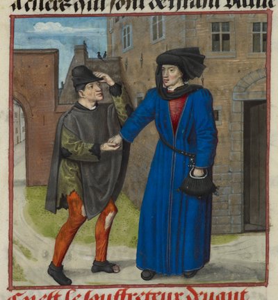 Harley 4425 f.47v تفاصيل منمنمة لمريض يحصل على المال من صديقه الحقيقي ، من Roman de la Rose ، حوالي 1490-1500 (ورق) بواسطة المدرسة الفرنسية
