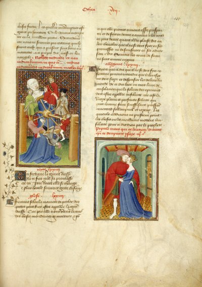 هارلي 4431 ، ص 129 عجلة الحظ ؛ وباريس تحتضن هيلين ، من "كتاب الملكة" ، المجلد. 1 ، بقلم كريستين دي بيزان ، حوالي 1410-14 (حبر ، لون وذهب على رق) بواسطة المدرسة الفرنسية