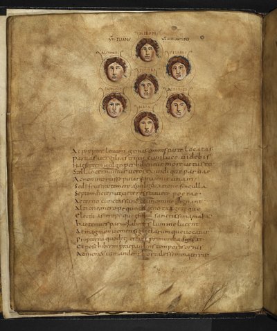 Harley 647، f.4v رسم توضيحي لوجوه Pleiades ، سبع أخوات عاشوا في السماء كنجوم ، مع أسمائهم منقوشة حولهم ، من "Aratus" لماركوس توليوس شيشرون (ورق) بواسطة المدرسة الفرنسية
