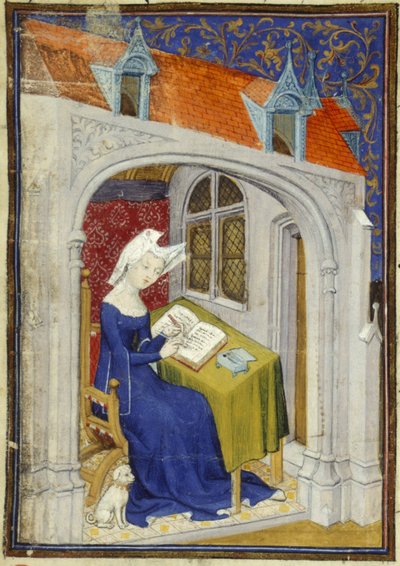 Harley MS 4431 f.004r تفاصيل منمنمة كريستين دي بيزان في دراستها في بداية "Cent balades" ، حوالي 1410-14 (حبر ولون على رق) بواسطة المدرسة الفرنسية
