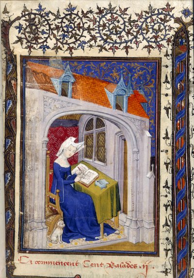 Harley MS 4431 f.004r تفاصيل منمنمة كريستين دي بيزان في دراستها في بداية 'Cent balades' ، حوالي 1410-14 (حبر ولون على رق) بواسطة المدرسة الفرنسية