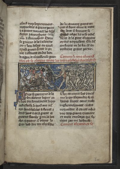 Harley MS 4979 f.72r Alexander يتقاتل الرجال برؤوس خيول ، من "Roman d