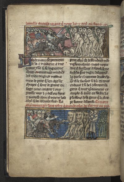 Harley MS 4979 f.72v Alexander Combat Cyclopes؛ الإسكندر يكافح مجموعة من الشوائب ، من "رومان ألكسندر" ، حوالي 1290-1300 (حبر ، لون وذهب على رق) بواسطة المدرسة الفرنسية