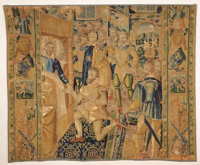 هنري الثالث (1551-89) دي فالوا يعطي شارة السلطة لهنري الثالث (1553-1610) دي بوربون بواسطة المدرسة الفرنسية