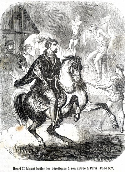 هنري الثاني (1519 - 1559) جعل الزنادقة يحترقون عند مدخله إلى باريس - في "تاريخ فرنسا" بقلم L.-P. Anquetil بواسطة المدرسة الفرنسية