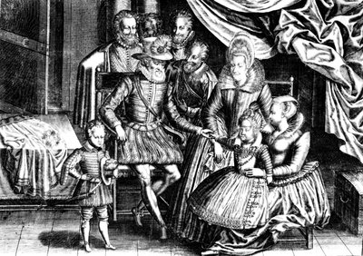 هنري الرابع (1553-1610) ملك فرنسا مع عائلته ومستشاريه بواسطة المدرسة الفرنسية