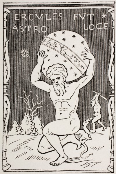 هرقل يمسك العالم على ظهره بينما يجمع Atlas تفاح Hesperides ، من "Les Arts au Moyen Age" ، تم نشره عام 1873 بواسطة المدرسة الفرنسية