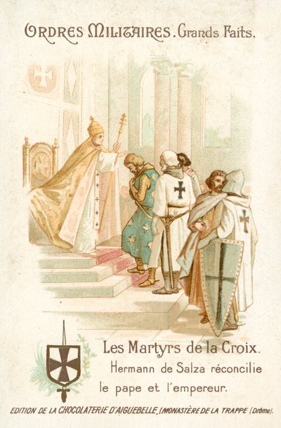 Hermann von Salza, Grand Master of the Teutonic Knights, brings about a reconciliation between Pope Gregory IX and Emperor Frederick II بواسطة المدرسة الفرنسية