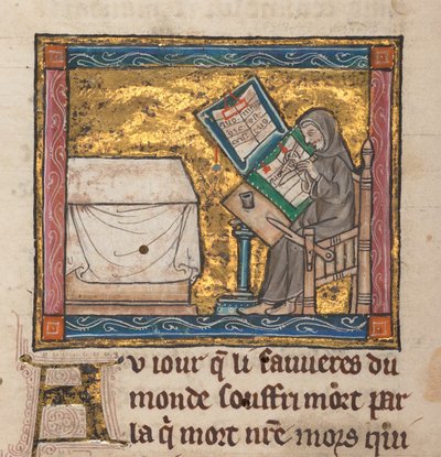 ناسك يكتبون على مكتب ، منمنمة من "Estoire del Saint Graal، La Queste del Saint Graal، Morte Artu"، c.1315-25 (حبر على ورق) بواسطة المدرسة الفرنسية