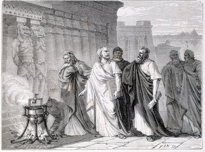 مالك الحزين يختبر Eolipyle (غلاية محكمة الغلق مملوءة جزئيًا بالمياه الموضوعة على النار) أمام علماء مدرسة الإسكندرية - في "ألبوم العلوم ؛ علماء لامعون الاكتشافات العظيمة "" "1896. بواسطة المدرسة الفرنسية