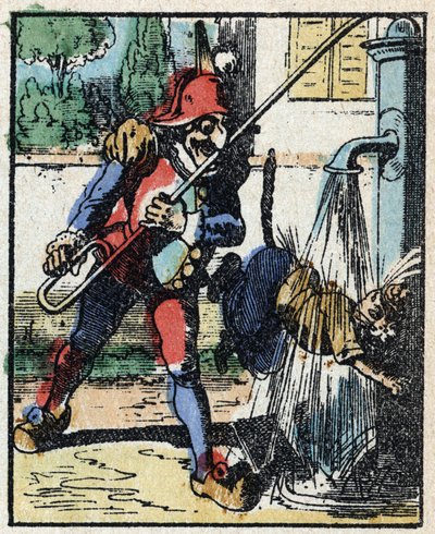 تاريخ الدكتور Pulcinella (Polichinelle). نقش الخشب للتصوير Pellerin - إبينال ، sd. أواخر القرن التاسع عشر. بواسطة المدرسة الفرنسية