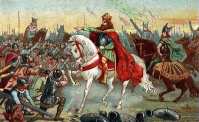 تاريخ بلاد الغال في العصور الوسطى: الساكسونات الجرمانية راكعة أمام الملك شارلمان (742 - 814) الذي ربح الحروب. الطباعة الحجرية الملونة في أواخر القرن التاسع عشر. بواسطة المدرسة الفرنسية