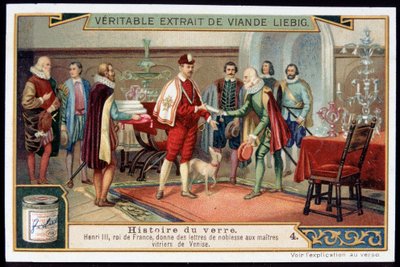 History of Glass: Henry III (1551-1589) King of France gives letters of nobility to the master glaziers of Venice. Late 19th century liebig chromolithography. بواسطة المدرسة الفرنسية