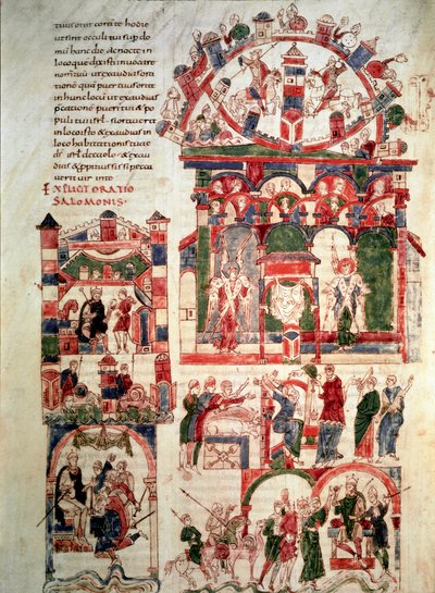 تاريخ حياة الملك سليمان صفحة الكتاب المقدس لنويل (أو الكتاب المقدس لسانت بير دي رودا أو سانت بيير دي روداس) في القرن العاشر أو الحادي عشر باريس ، بي إن بواسطة المدرسة الفرنسية