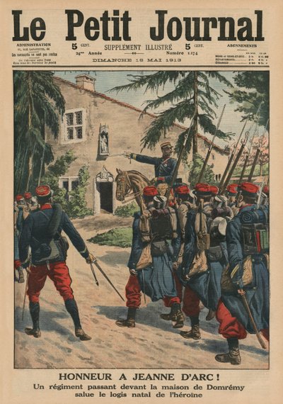 تكريم لجوان دارك ، فوج يحيي مسقط رأس البطلة في دومريمي ، صورة الغلاف الأمامي من `` Le Petit Journal &39;&39; ، ملحق illustre ، 18 مايو 1913 بواسطة المدرسة الفرنسية